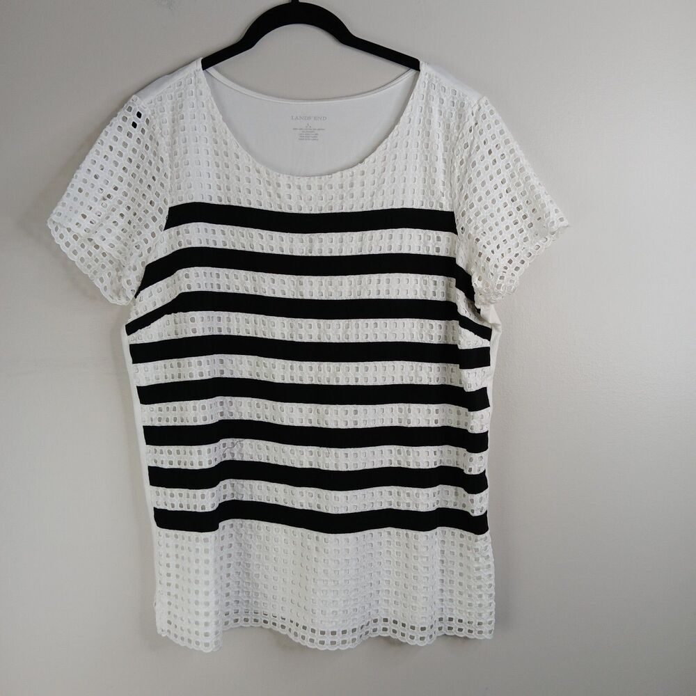 Lands End Shirt Women's Top Eyelet Short Sleeve Black White Striped Cotton Large